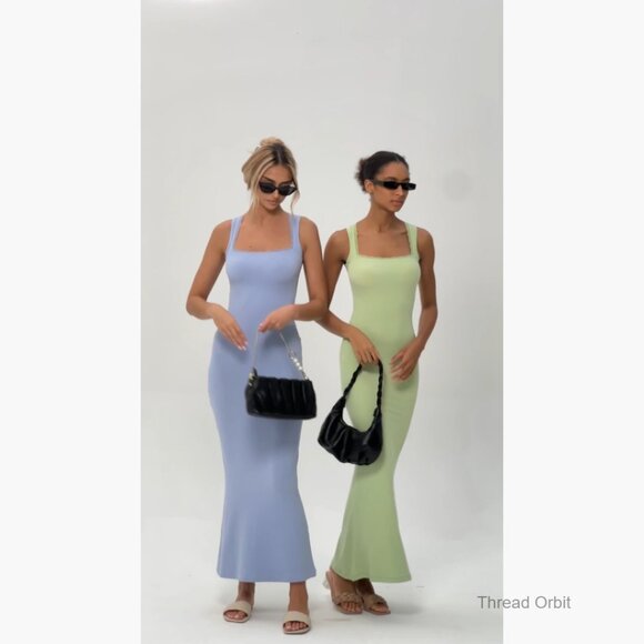 Sleeveless Maxi Dress Square Neck Lace Detail Ribbed Lounge Formal Slim Fit - Picture 7 of 7